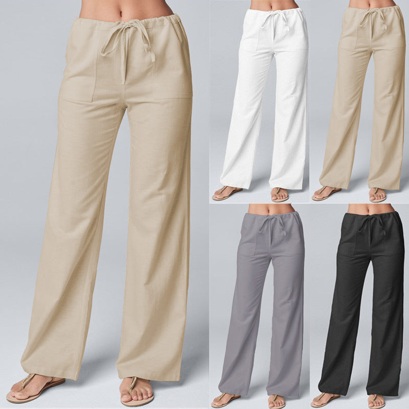  Loose Lace-Up Cotton and Linen Straight-Leg Pants