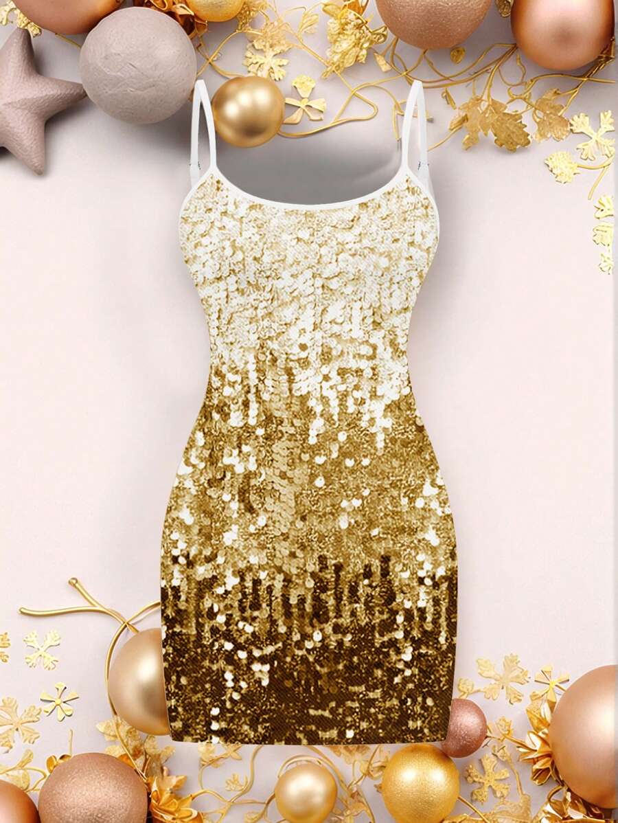 Casual Minimalist Faux Rhinestone Graphic Slip Dress