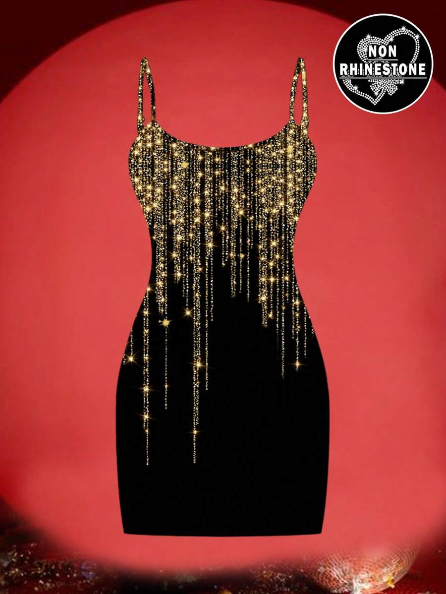 Casual Minimalist Faux Rhinestone Graphic Slip Dress