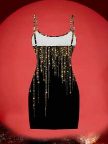 Casual Minimalist Faux Rhinestone Graphic Slip Dress