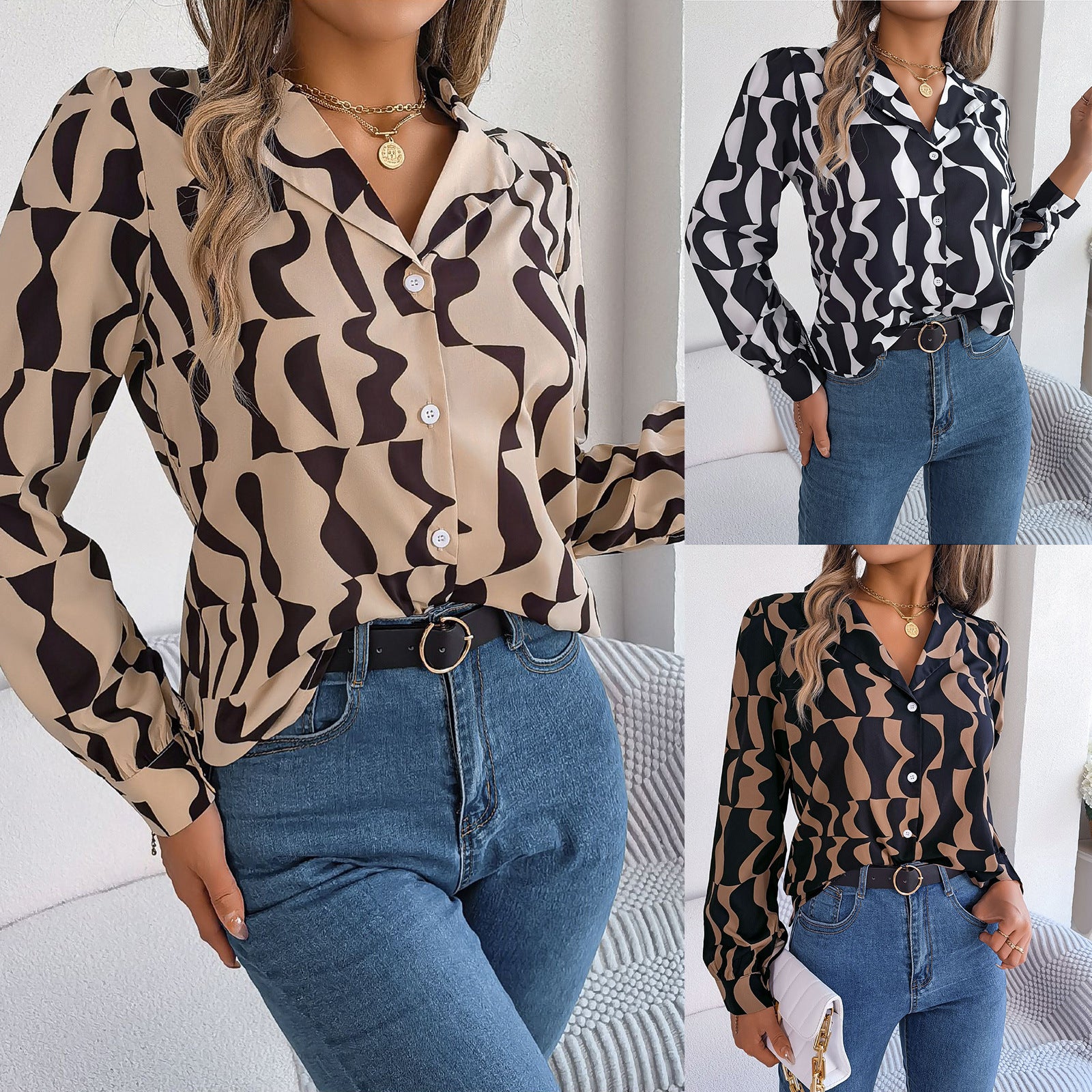 Elegant Contrast Color Striped Suit Collar Long Sleeve Shirt