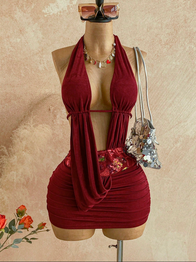 Halter Tie V-Neck Sequin Patchwork Backless Tie Waist Mini Dress