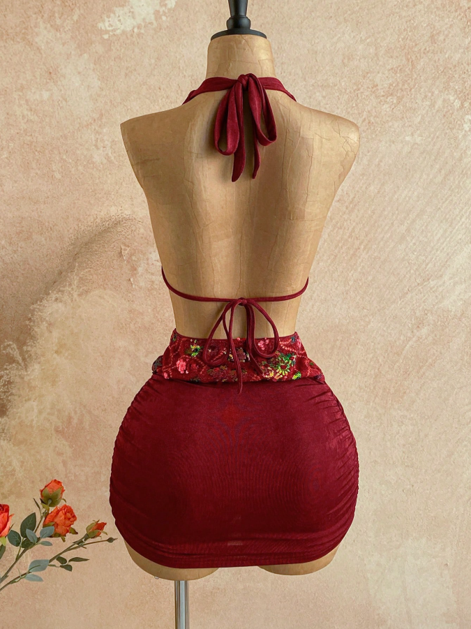 Halter Tie V-Neck Sequin Patchwork Backless Tie Waist Mini Dress