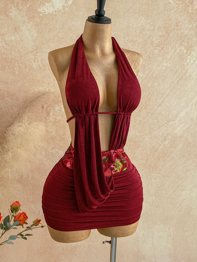 Halter Tie V-Neck Sequin Patchwork Backless Tie Waist Mini Dress