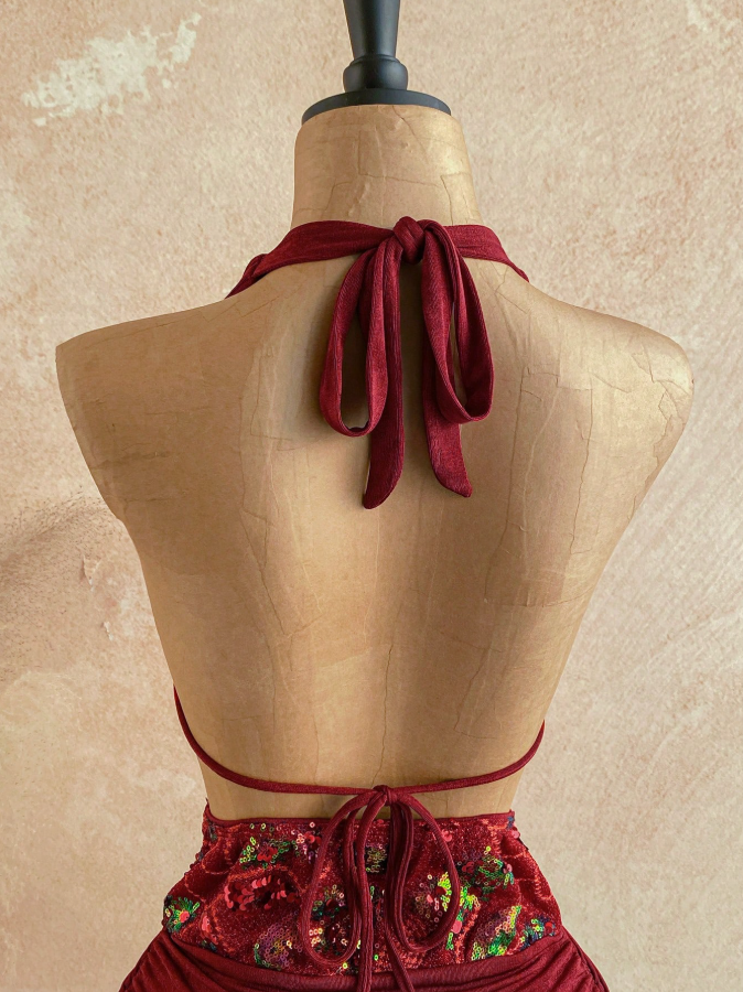 Halter Tie V-Neck Sequin Patchwork Backless Tie Waist Mini Dress
