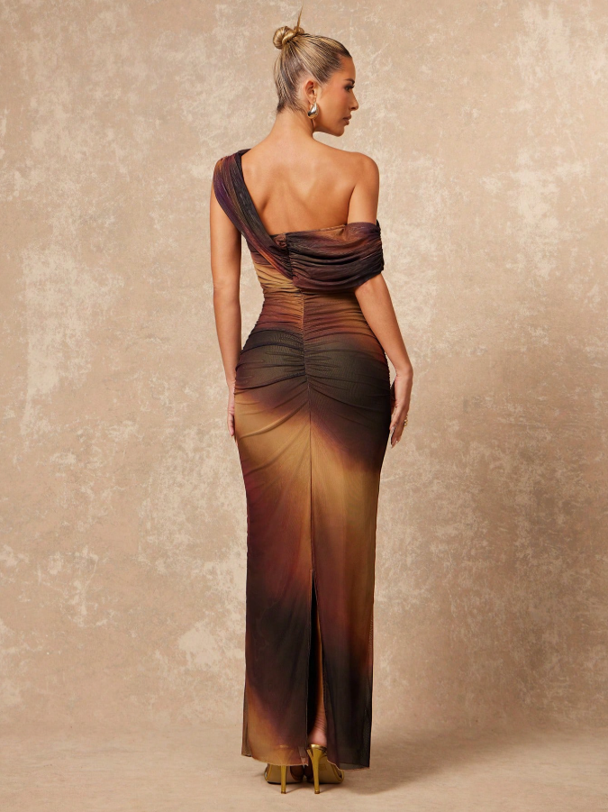 Tie Dye Ombre Mesh One Shoulder Ruched Decor Fitted Bodycon Maxi Dress