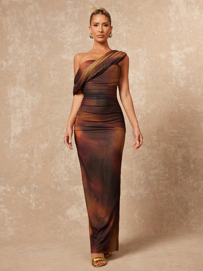 Tie Dye Ombre Mesh One Shoulder Ruched Decor Fitted Bodycon Maxi Dress