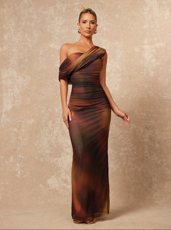 Tie Dye Ombre Mesh One Shoulder Ruched Decor Fitted Bodycon Maxi Dress