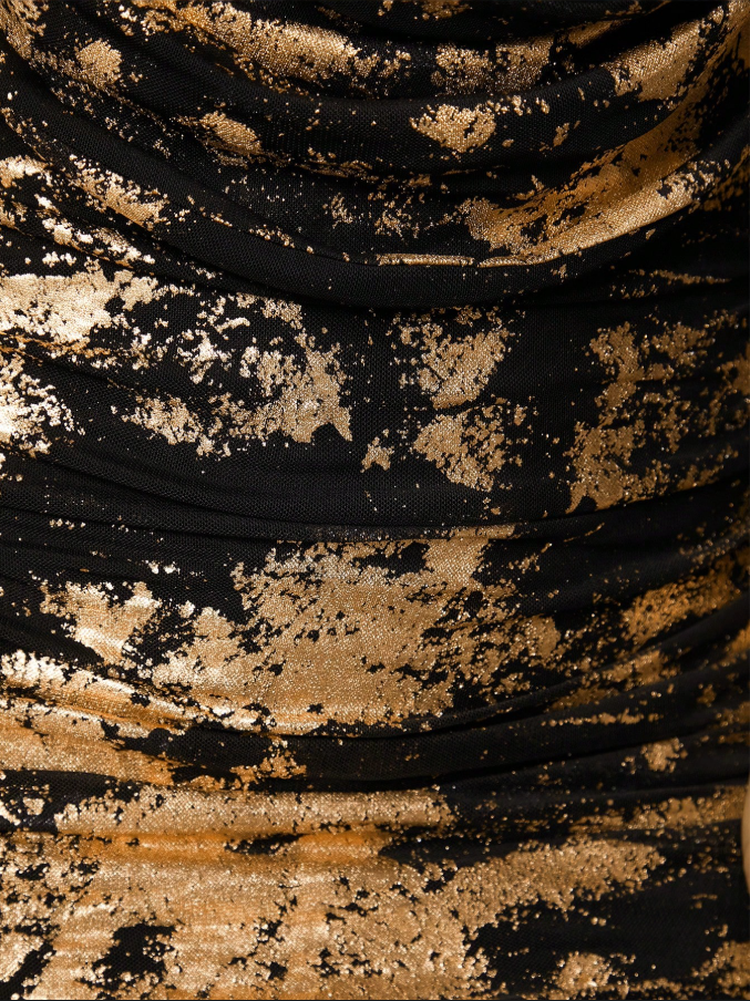 Slim Fit Black Bottom Gold Print Sexy High Neck Pleated Detail Mini Dress