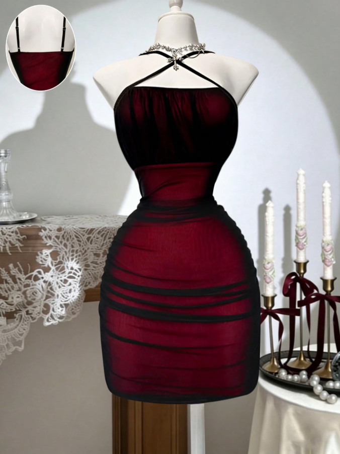 Sexy Spaghetti Strap Ruched Decor Waist Splicing Mesh Contrast Color Bodycon Dress Red