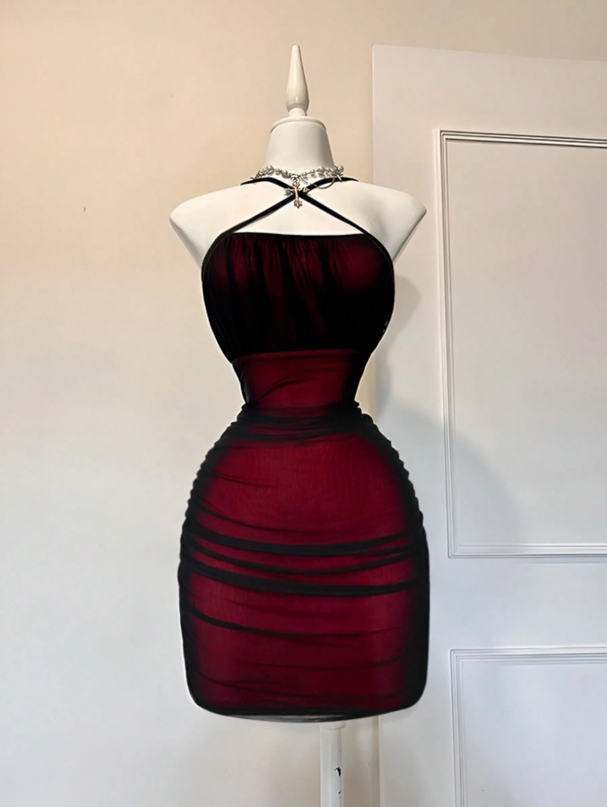 Sexy Spaghetti Strap Ruched Decor Waist Splicing Mesh Contrast Color Bodycon Dress Red