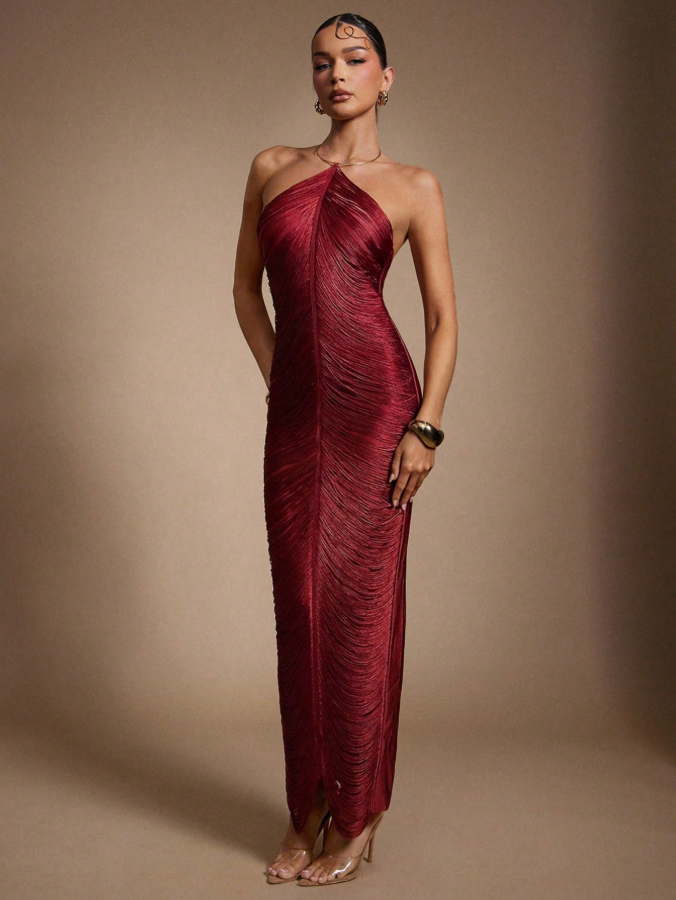 Hauture Women's Hanging Tassels Fringe Sexy Dress For Party With Gold Metal Decor