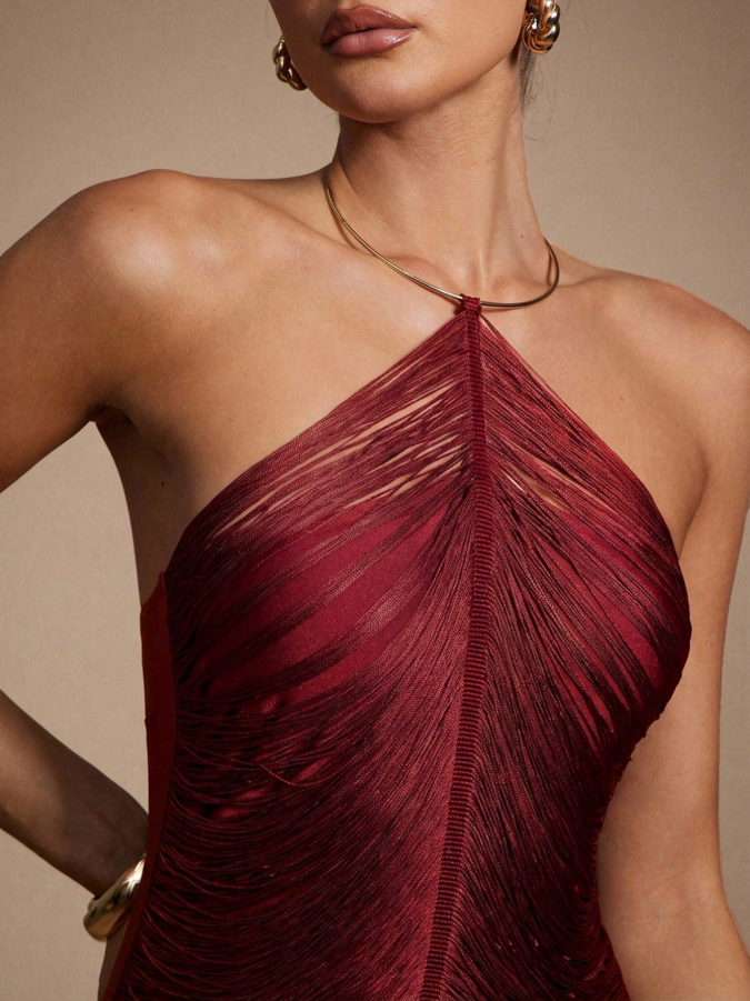 Hauture Women's Hanging Tassels Fringe Sexy Dress For Party With Gold Metal Decor