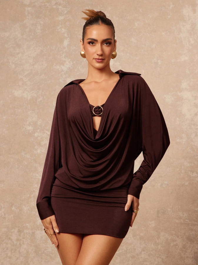 Loose Fit Ruched Metal Ring Collared Long Sleeve Bodycon Slim-Fit Mini Dress