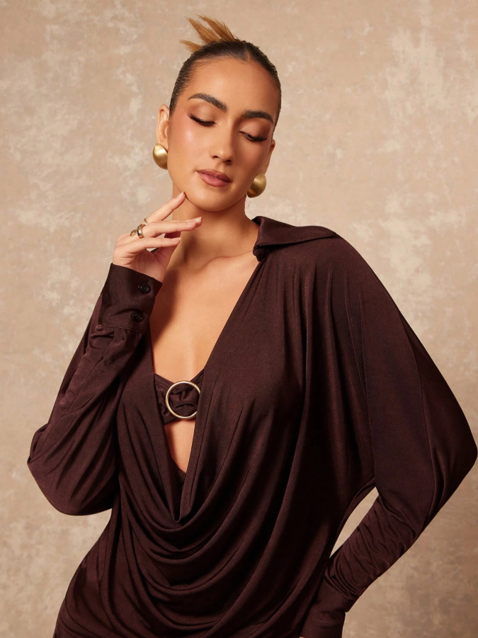 Loose Fit Ruched Metal Ring Collared Long Sleeve Bodycon Slim-Fit Mini Dress