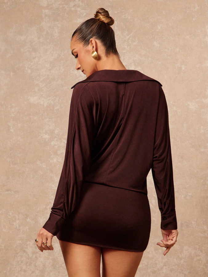 Loose Fit Ruched Metal Ring Collared Long Sleeve Bodycon Slim-Fit Mini Dress