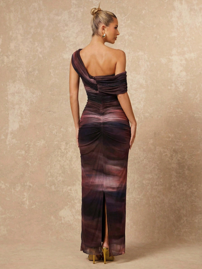 Tie Dye Ombre Mesh One Shoulder Ruched Decor Fitted Bodycon Maxi Dress