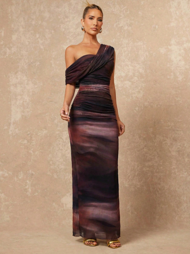 Tie Dye Ombre Mesh One Shoulder Ruched Decor Fitted Bodycon Maxi Dress