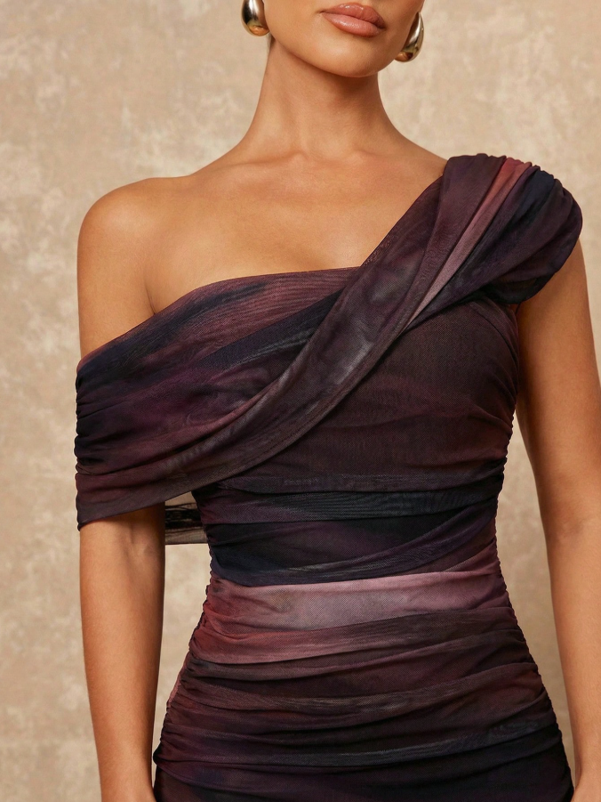 Tie Dye Ombre Mesh One Shoulder Ruched Decor Fitted Bodycon Maxi Dress