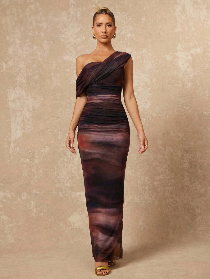 Tie Dye Ombre Mesh One Shoulder Ruched Decor Fitted Bodycon Maxi Dress