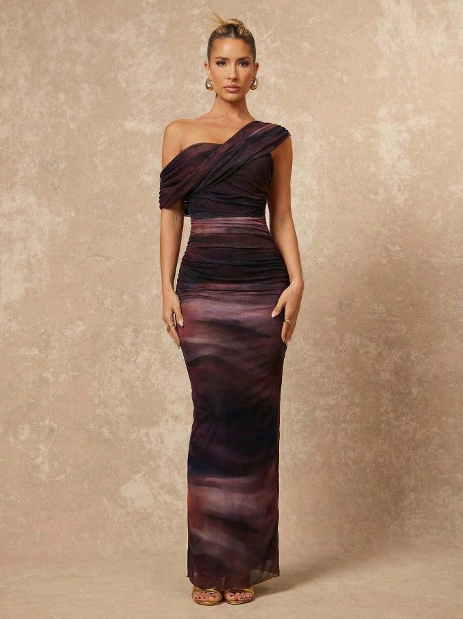 Tie Dye Ombre Mesh One Shoulder Ruched Decor Fitted Bodycon Maxi Dress