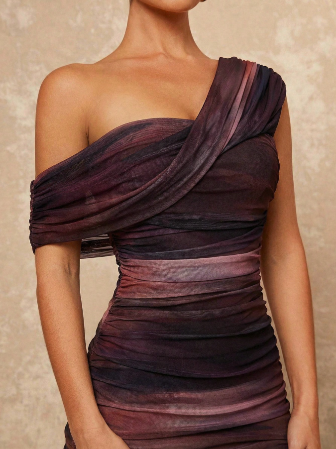 Tie Dye Ombre Mesh One Shoulder Ruched Decor Fitted Bodycon Maxi Dress